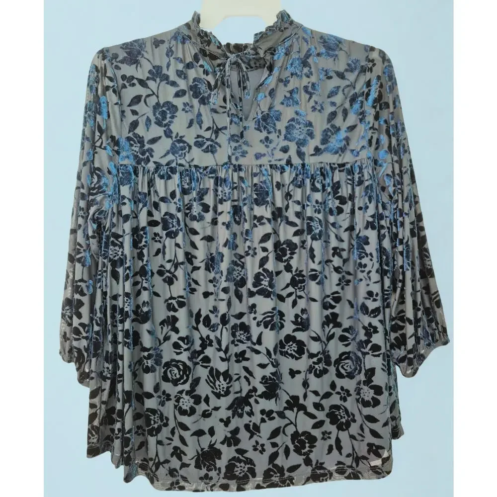 Laurie Felt Womans Top Sz L Dark Blue Burnout Velvet Fairy Whimsigoth Romantic - Picture 2 of 9